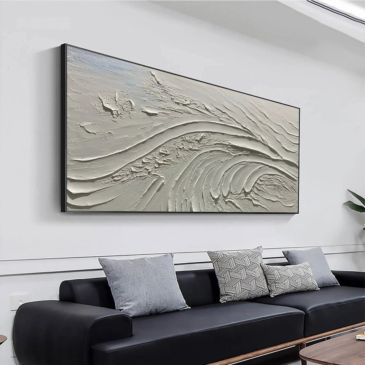 SERENE RIDGES: Textured Minimalist White Oil Painting | gold frame stretched on neutral wall