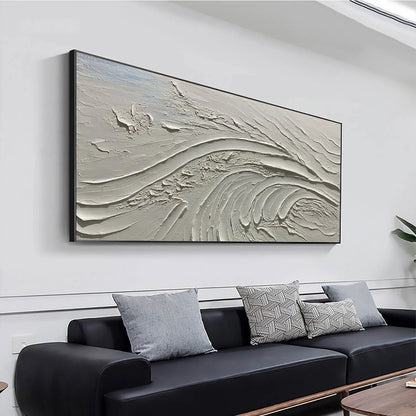 SERENE RIDGES: Textured Minimalist White Oil Painting | gold frame stretched on neutral wall