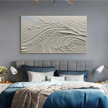 SERENE RIDGES: Textured Minimalist White Oil Painting | black frame version on white wall