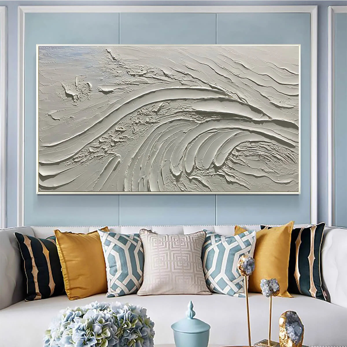 SERENE RIDGES: Textured Minimalist White Oil Painting | Minimalist mood, soft natural light studio shot