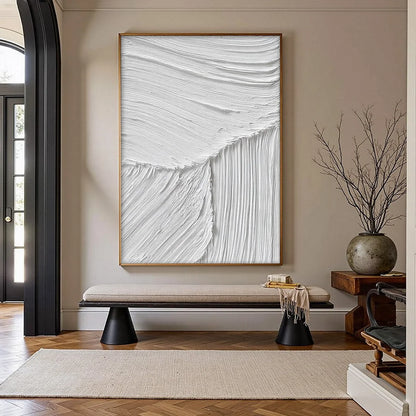 SERENE RIFT: Large Textured White Minimalist Abstract Painting | Minimalist closeup, raised brushwork detail