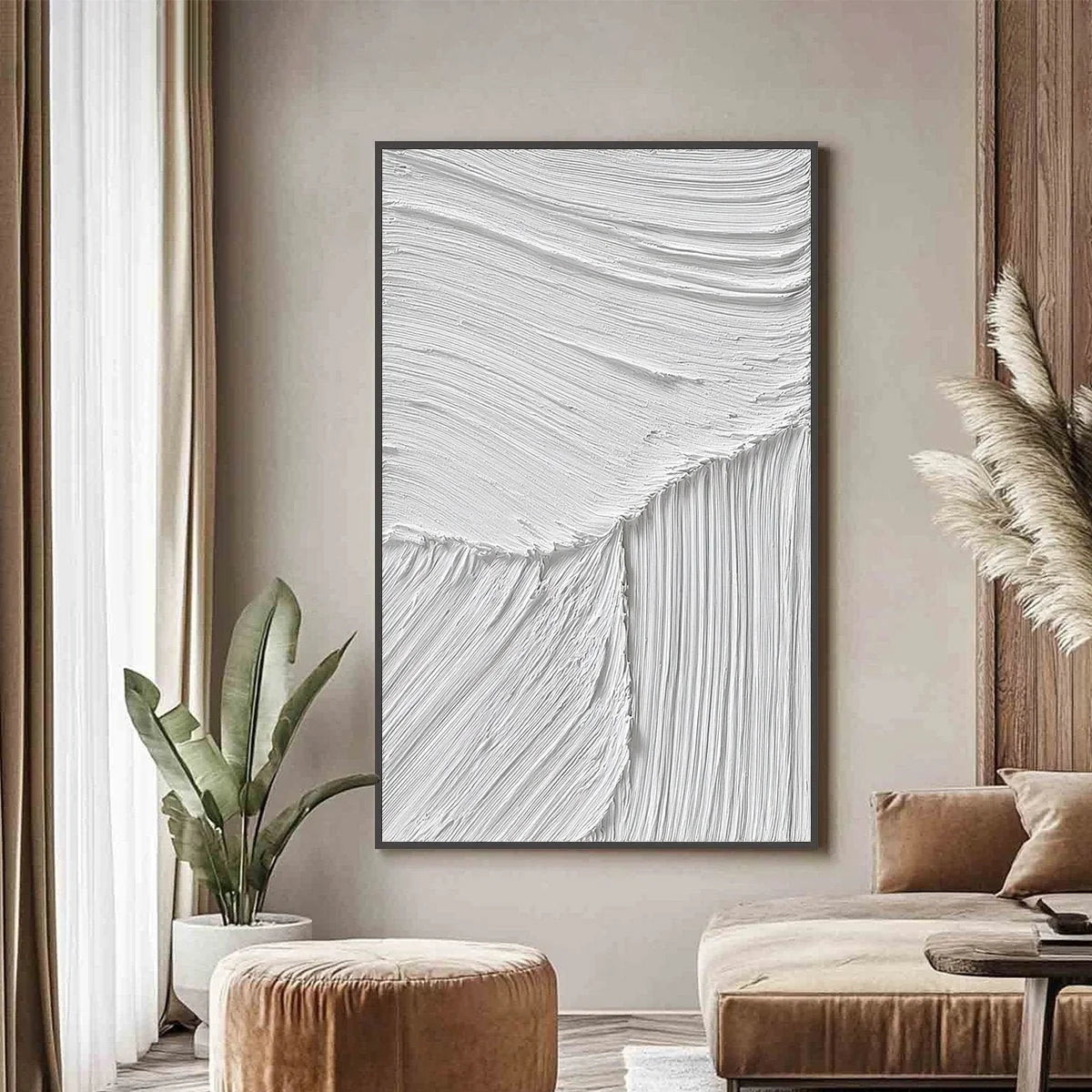SERENE RIFT: Large Textured White Minimalist Abstract Painting | gold frame stretched on neutral wall