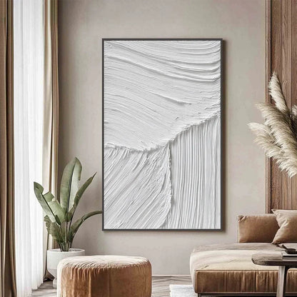 SERENE RIFT: Large Textured White Minimalist Abstract Painting | gold frame stretched on neutral wall