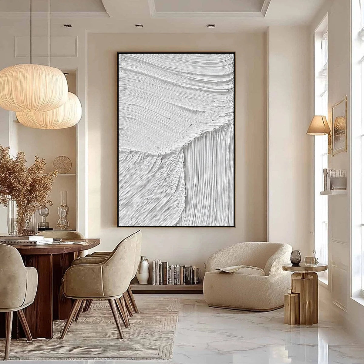 SERENE RIFT: Large Textured White Minimalist Abstract Painting | black frame version on white wall