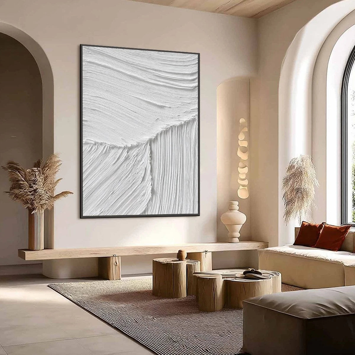 SERENE RIFT: Large Textured White Minimalist Abstract Painting | Minimalist mood, soft natural light studio shot