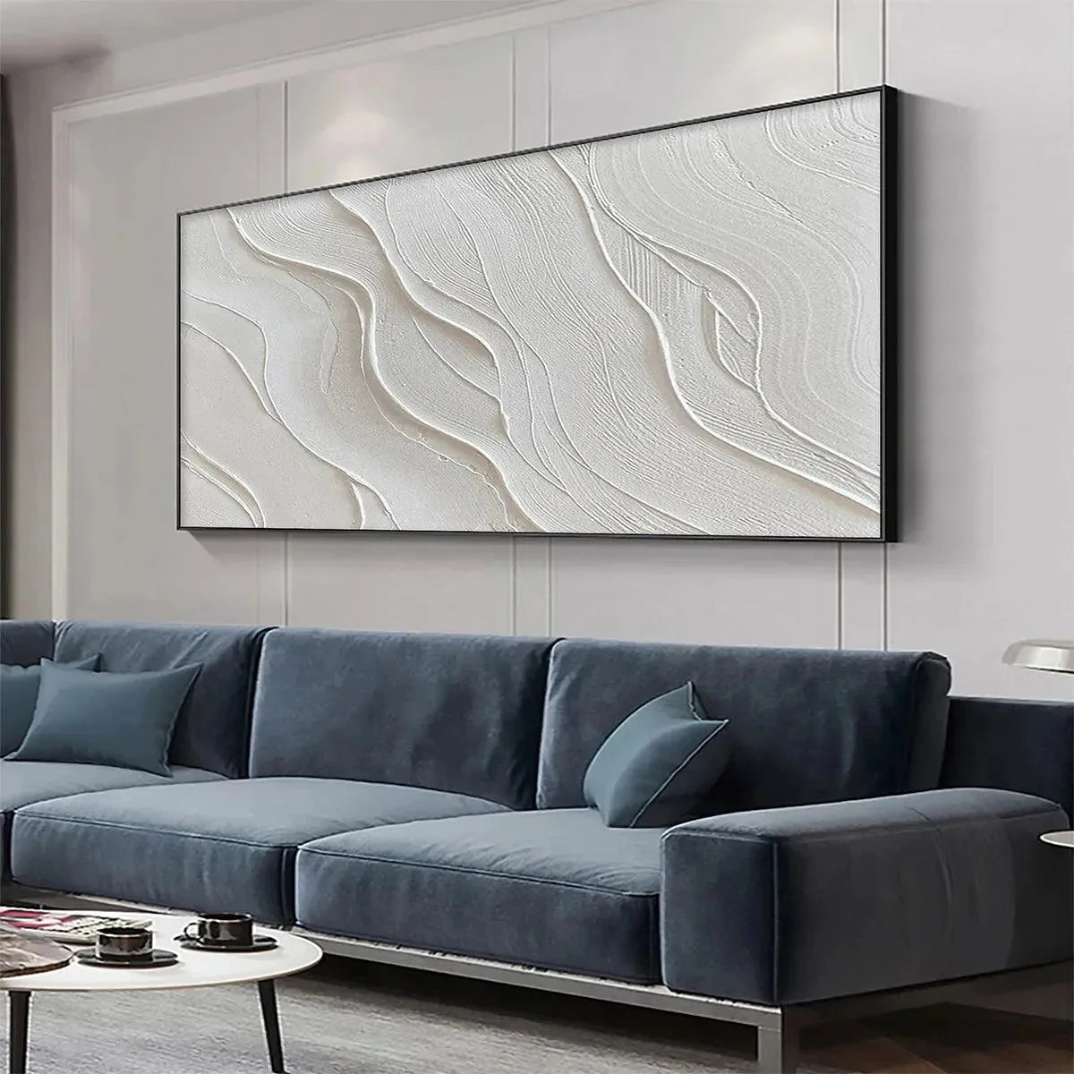 SERENE RIPPLES: Abstract Minimalist Textured White Painting for Living Room | Minimalist closeup, raised brushwork detail