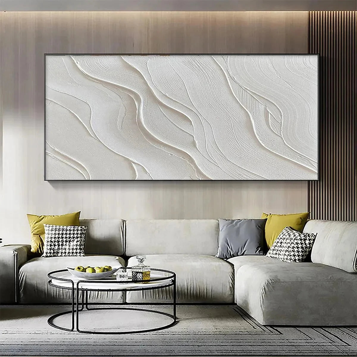 SERENE RIPPLES: Abstract Minimalist Textured White Painting for Living Room | gold frame stretched on neutral wall
