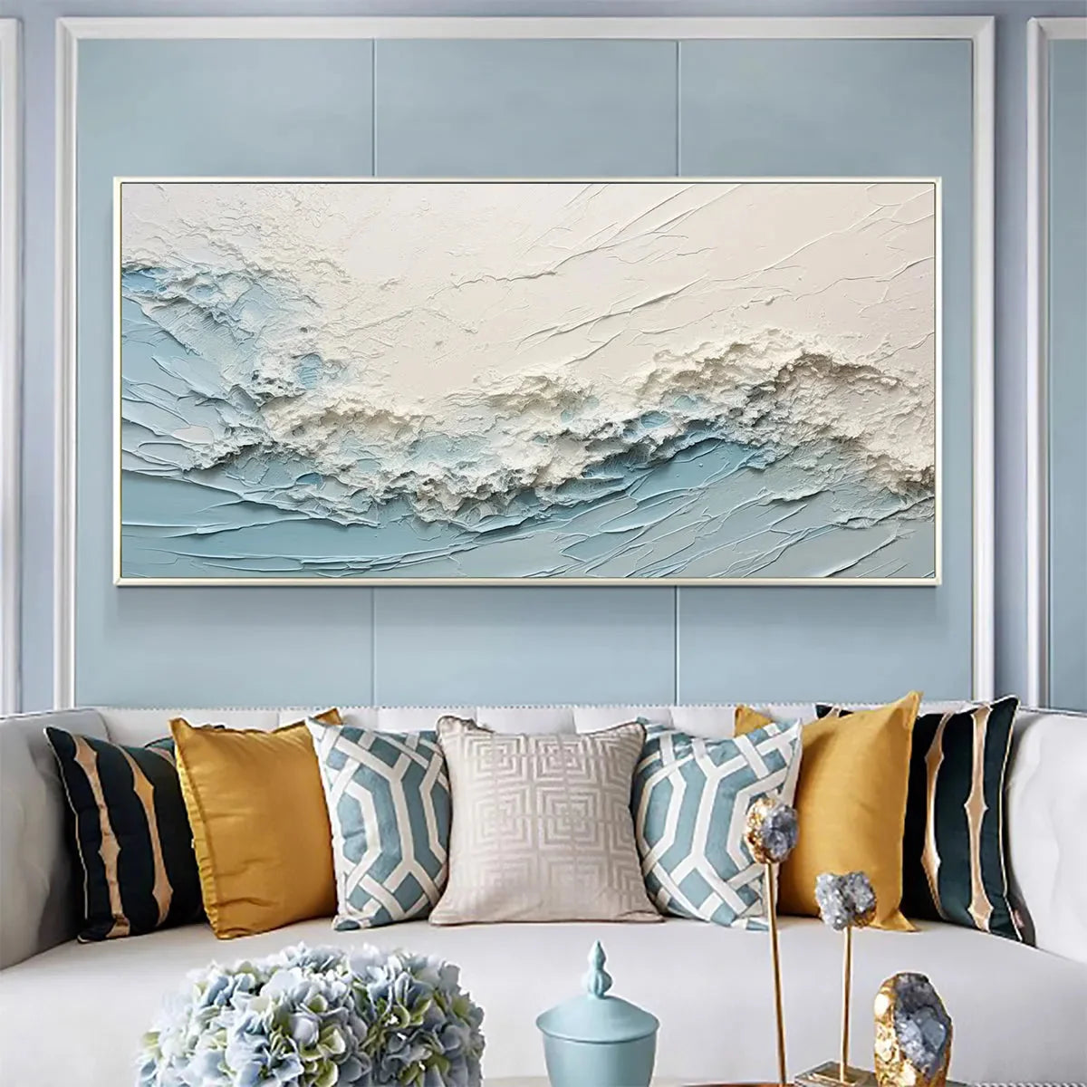 SERENE SEASCAPE: Panoramic Textured Abstract Painting, Impasto Wall Art, Blue, White, Beige, Living Room, Bedroom | Abstract closeup, raised brushwork detail