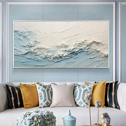 SERENE SEASCAPE: Panoramic Textured Abstract Painting, Impasto Wall Art, Blue, White, Beige, Living Room, Bedroom | Abstract closeup, raised brushwork detail