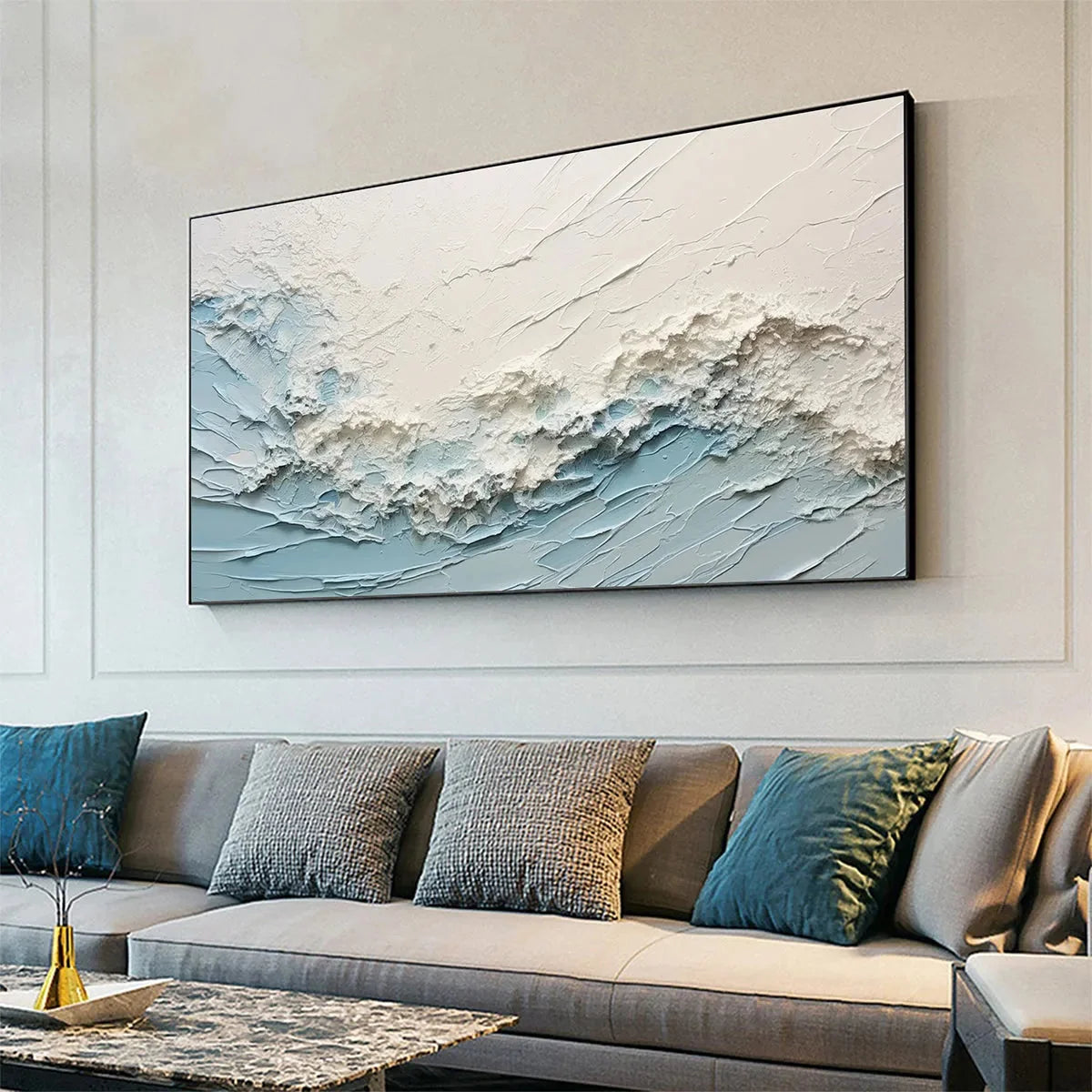 SERENE SEASCAPE: Panoramic Textured Abstract Painting, Impasto Wall Art, Blue, White, Beige, Living Room, Bedroom | gold frame stretched on neutral wall