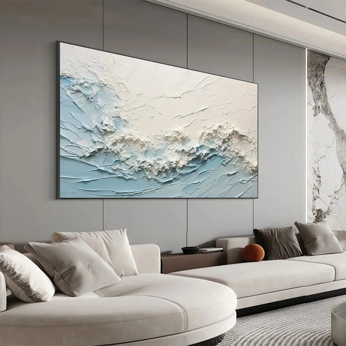 SERENE SEASCAPE: Panoramic Textured Abstract Painting, Impasto Wall Art, Blue, White, Beige, Living Room, Bedroom | rolled canvas, ready for custom framing