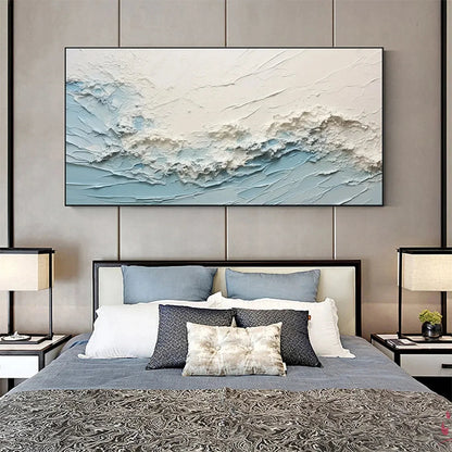 SERENE SEASCAPE: Panoramic Textured Abstract Painting, Impasto Wall Art, Blue, White, Beige, Living Room, Bedroom | black frame version on white wall