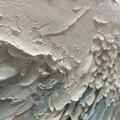 SERENE SEASCAPE: Panoramic Textured Abstract Painting, Impasto Wall Art, Blue, White, Beige, Living Room, Bedroom | Abstract mood, soft natural light studio shot