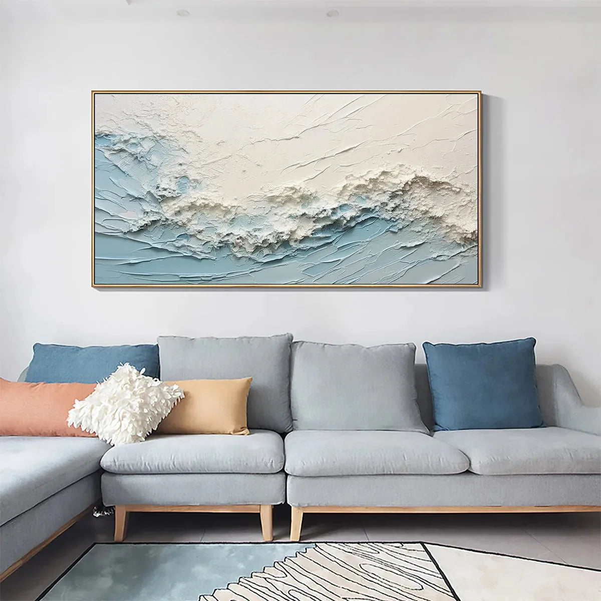 SERENE SEASCAPE: Panoramic Textured Abstract Painting, Impasto Wall Art, Blue, White, Beige, Living Room, Bedroom | beige palette, original oil on stretched canvas art