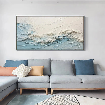 SERENE SEASCAPE: Panoramic Textured Abstract Painting, Impasto Wall Art, Blue, White, Beige, Living Room, Bedroom | beige palette, original oil on stretched canvas art