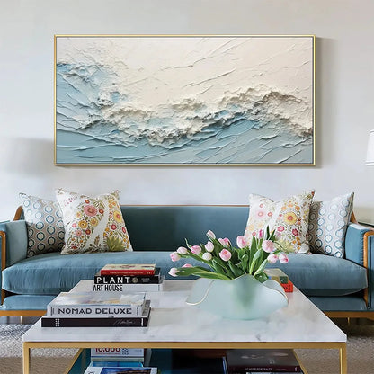 SERENE SEASCAPE: Panoramic Textured Abstract Painting, Impasto Wall Art, Blue, White, Beige, Living Room, Bedroom | texture detail, palette knife marks visible