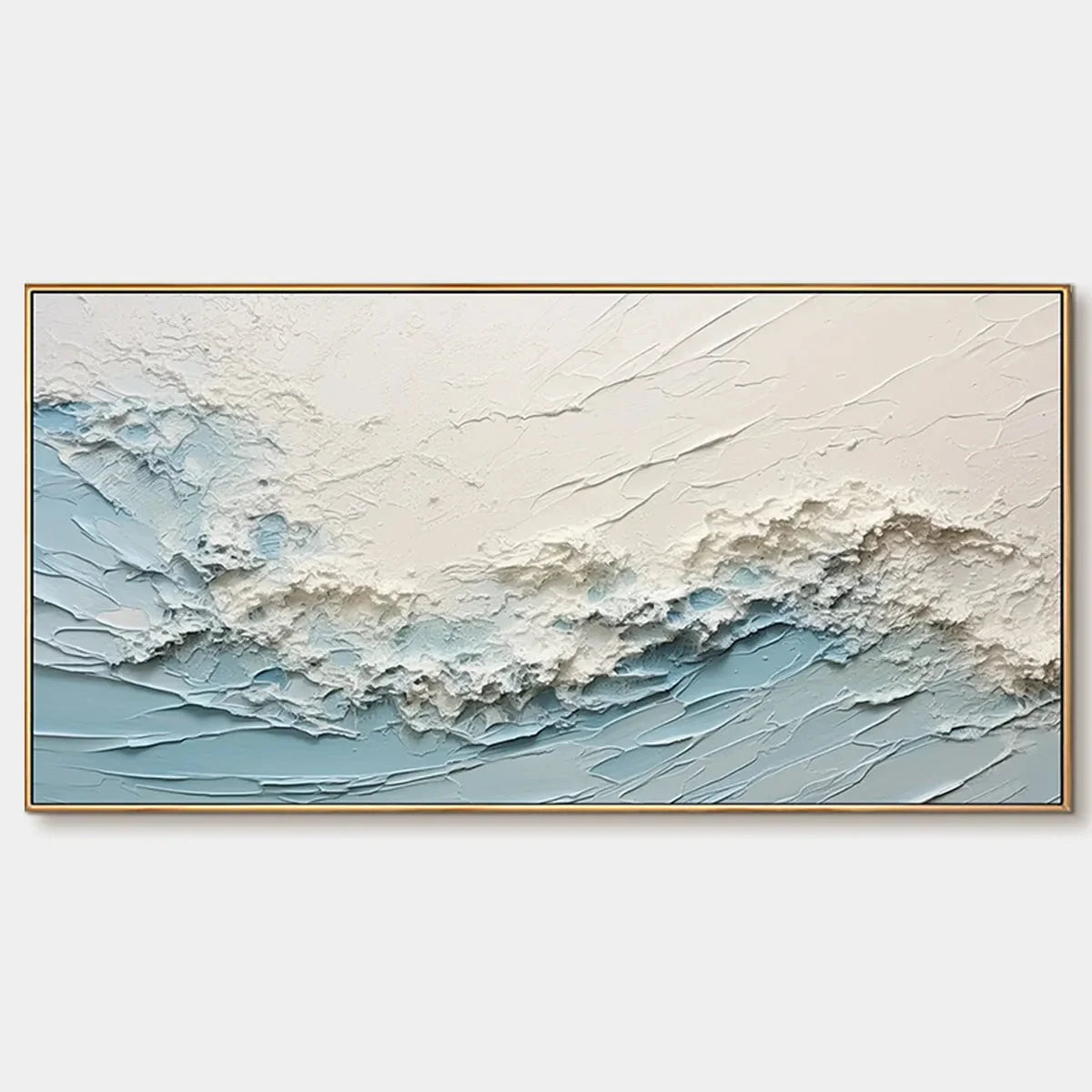SERENE SEASCAPE: Panoramic Textured Abstract Painting, Impasto Wall Art, Blue, White, Beige, Living Room, Bedroom | hanging in living room, Abstract wall art