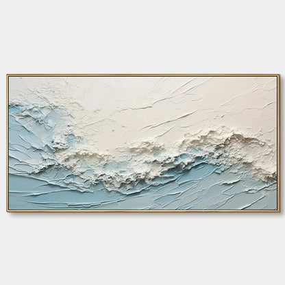 SERENE SEASCAPE: Panoramic Textured Abstract Painting, Impasto Wall Art, Blue, White, Beige, Living Room, Bedroom | hanging in living room, Abstract wall art