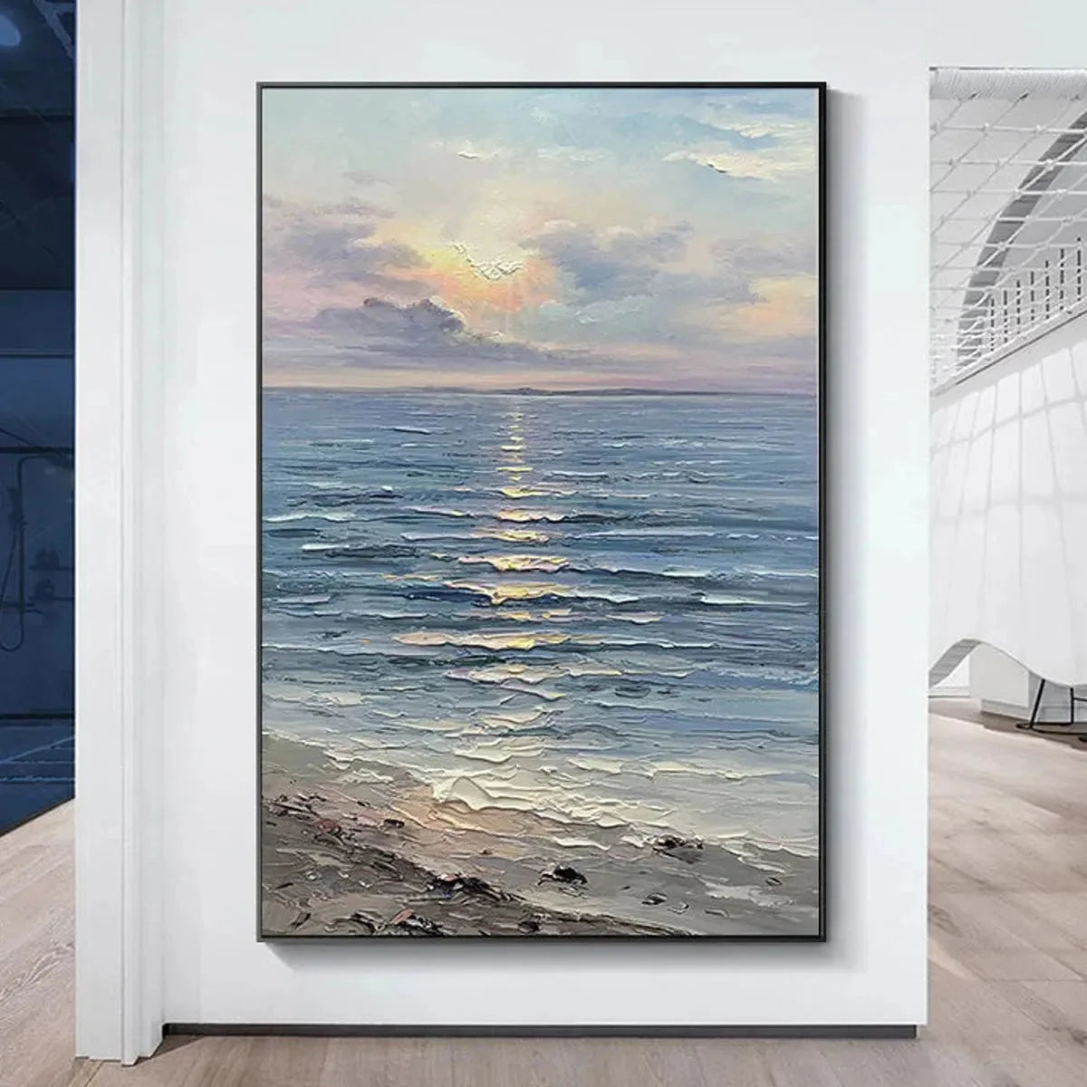SERENE SEASCAPE: Vertical Ocean Painting | Abstract closeup, raised brushwork detail