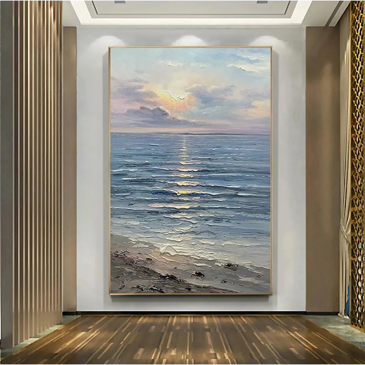SERENE SEASCAPE: Vertical Ocean Painting | gold frame stretched on neutral wall