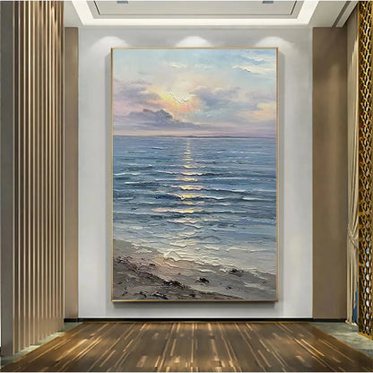 SERENE SEASCAPE: Vertical Ocean Painting | gold frame stretched on neutral wall