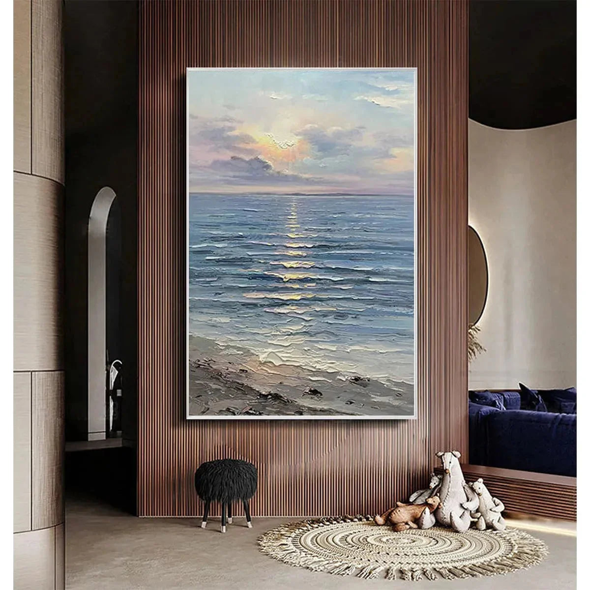 SERENE SEASCAPE: Vertical Ocean Painting | black frame version on white wall