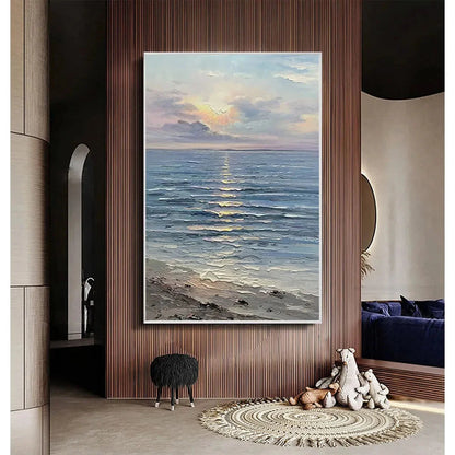 SERENE SEASCAPE: Vertical Ocean Painting | black frame version on white wall