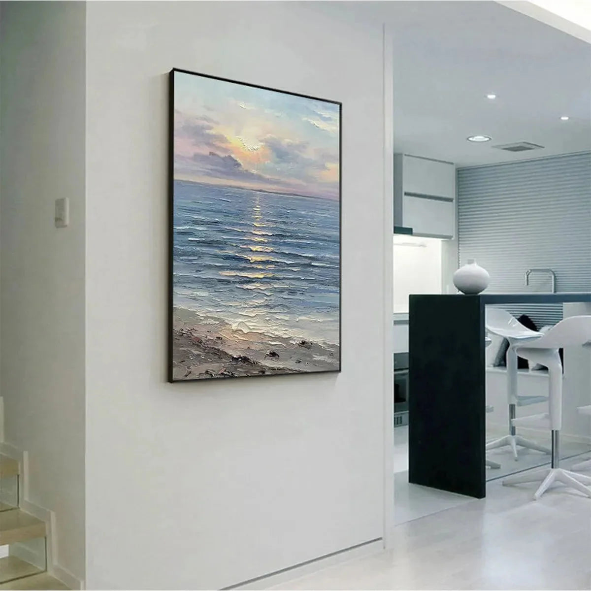 SERENE SEASCAPE: Vertical Ocean Painting | Abstract mood, soft natural light studio shot