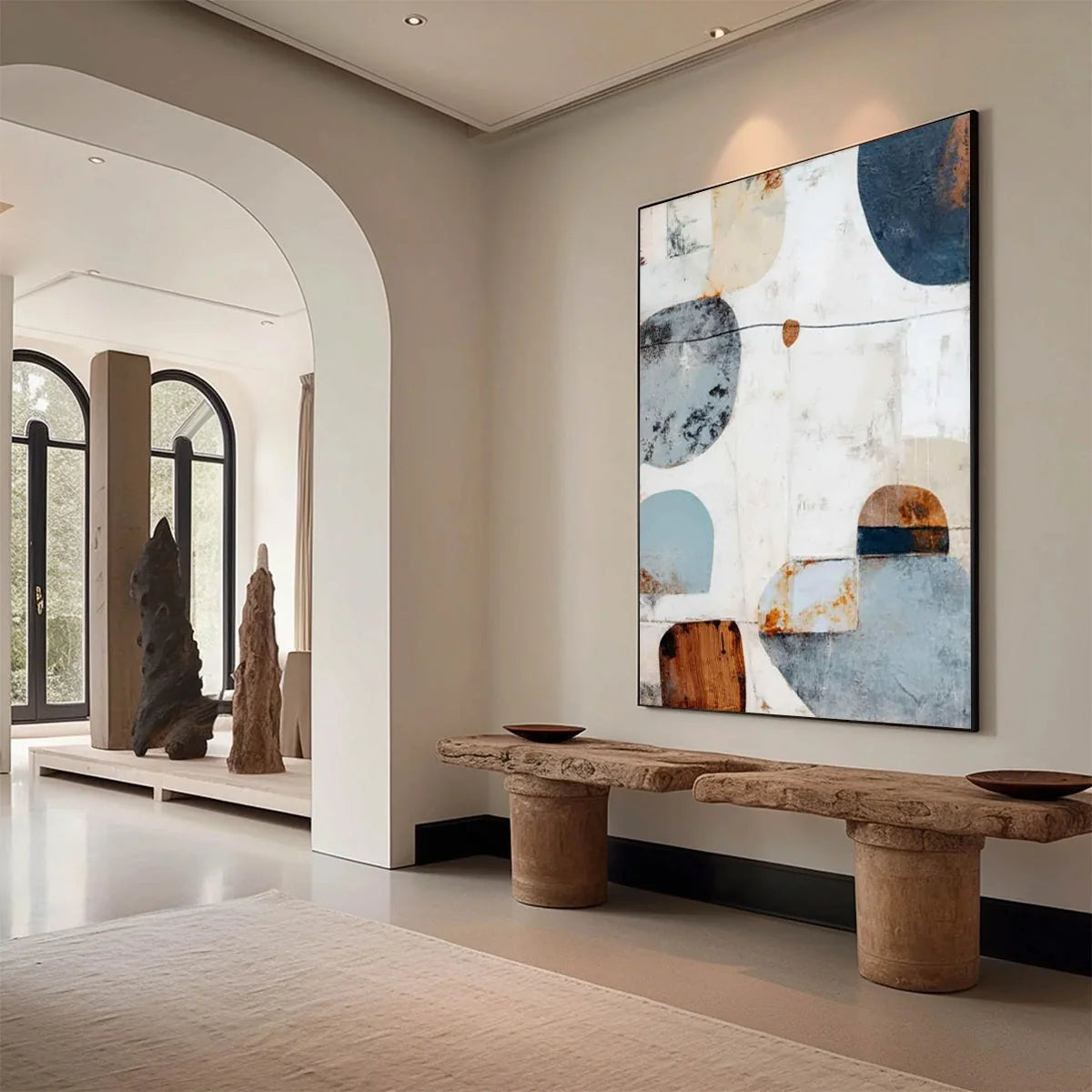 SERENE SHAPES: Textured Abstract Minimalist Oil Painting | gold frame stretched on neutral wall