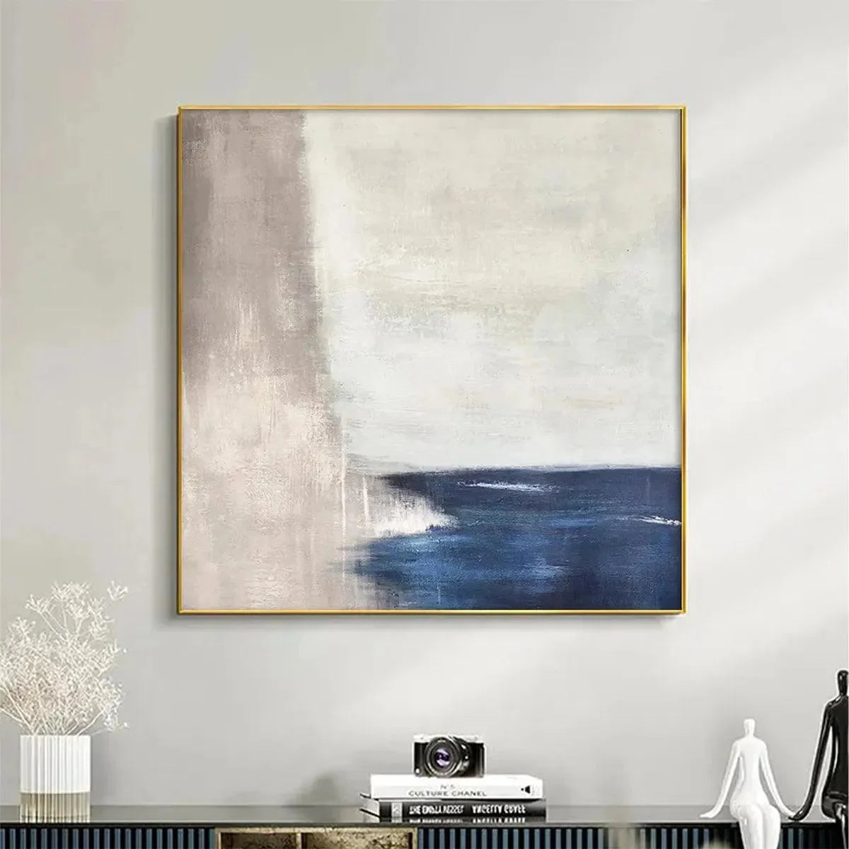 SERENE SHORE: Minimalist Abstract Coastal Painting in Blue and Beige | Minimalist closeup, raised brushwork detail