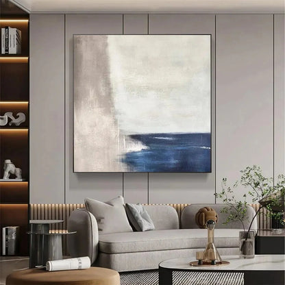 SERENE SHORE: Minimalist Abstract Coastal Painting in Blue and Beige | gold frame stretched on neutral wall