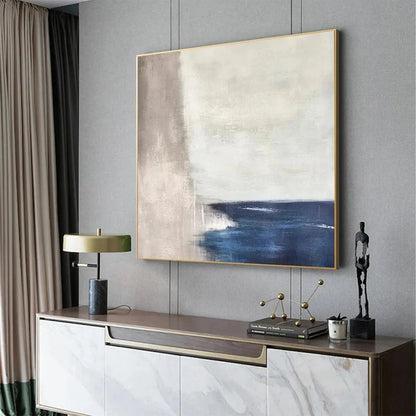 SERENE SHORE: Minimalist Abstract Coastal Painting in Blue and Beige | rolled canvas, ready for custom framing