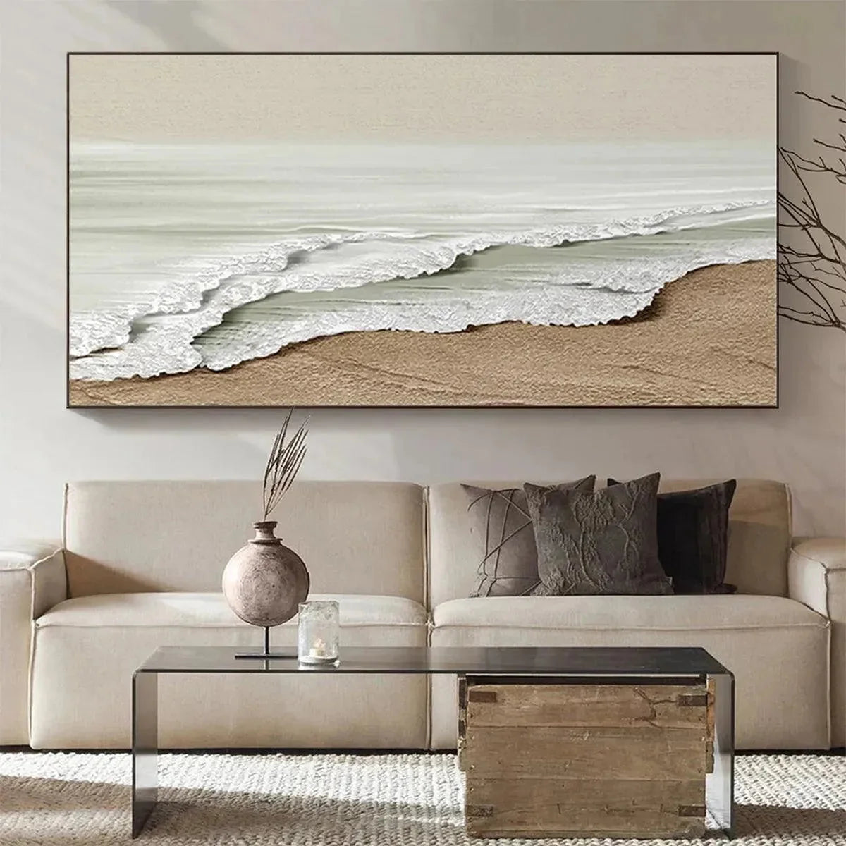 SERENE SHORE: Textured Coastal Landscape Painting in Beige | Landscape closeup, raised brushwork detail