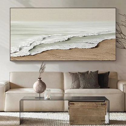 SERENE SHORE: Textured Coastal Landscape Painting in Beige | Landscape closeup, raised brushwork detail