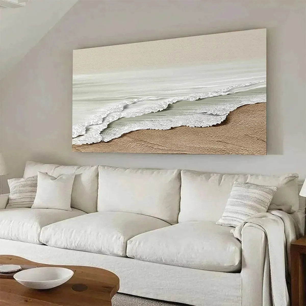 SERENE SHORE: Textured Coastal Landscape Painting in Beige | gold frame stretched on neutral wall