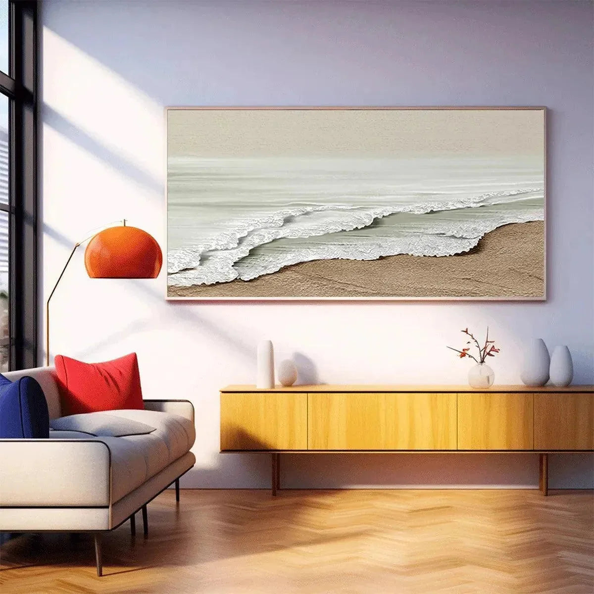 SERENE SHORE: Textured Coastal Landscape Painting in Beige | Landscape mood, soft natural light studio shot
