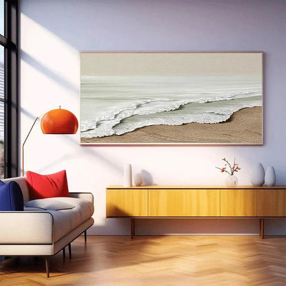 SERENE SHORE: Textured Coastal Landscape Painting in Beige | Landscape mood, soft natural light studio shot