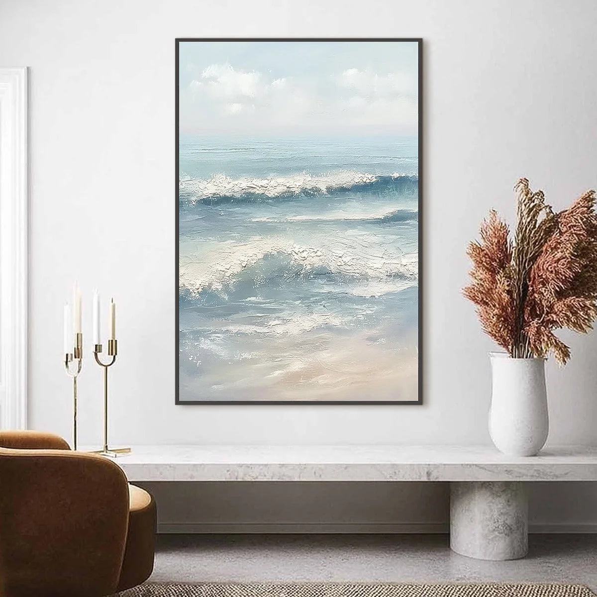 SERENE SHORE: Textured Minimalist Coastal Seascape | Minimalist closeup, raised brushwork detail