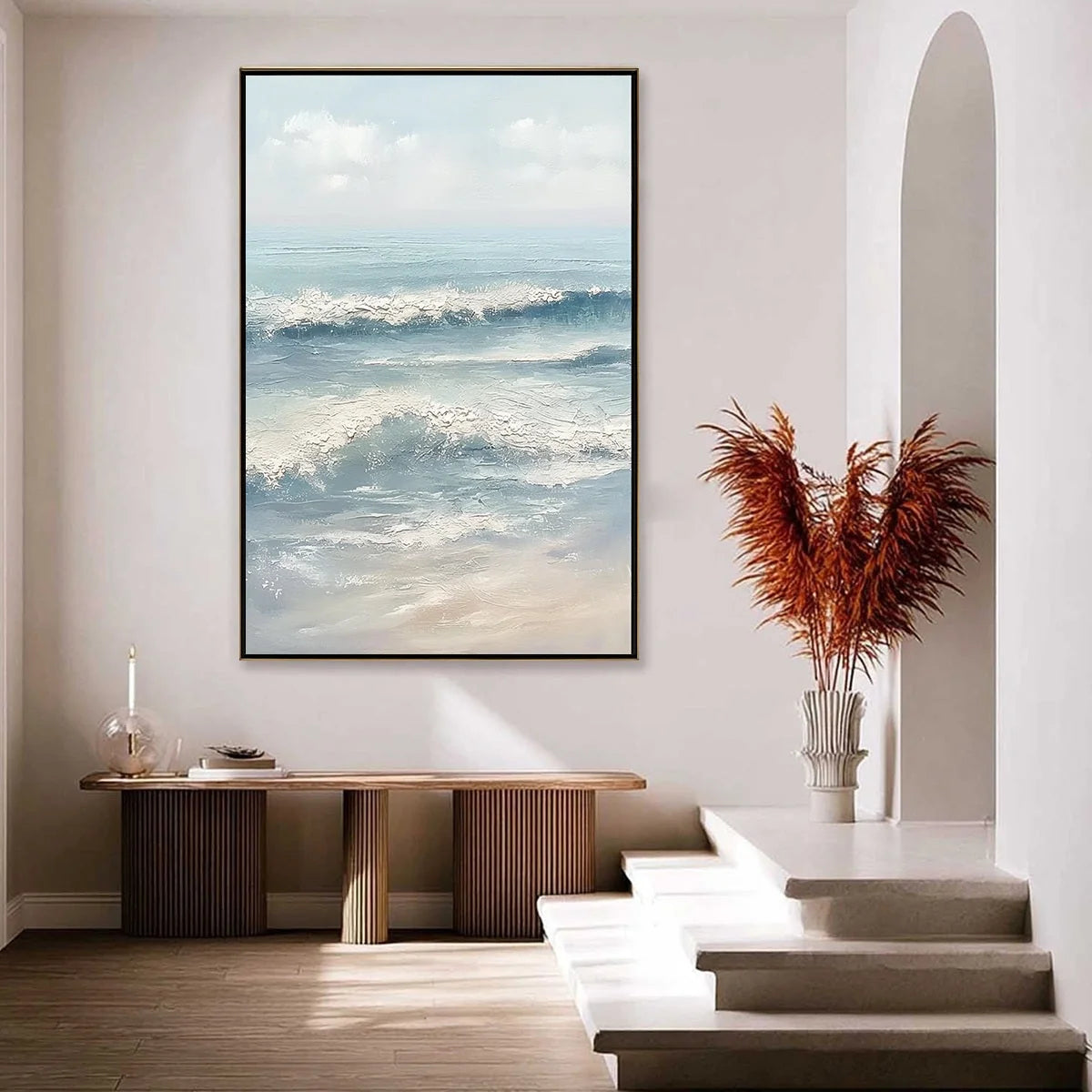 SERENE SHORE: Textured Minimalist Coastal Seascape | gold frame stretched on neutral wall