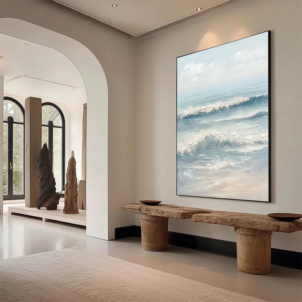 SERENE SHORE: Textured Minimalist Coastal Seascape | Minimalist mood, soft natural light studio shot