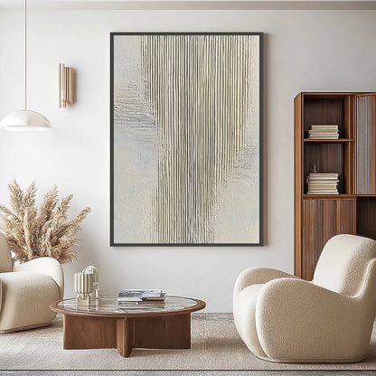 SERENE STRIA: Wabi Sabi Textured Vertical Abstract Painting | gold frame stretched on neutral wall