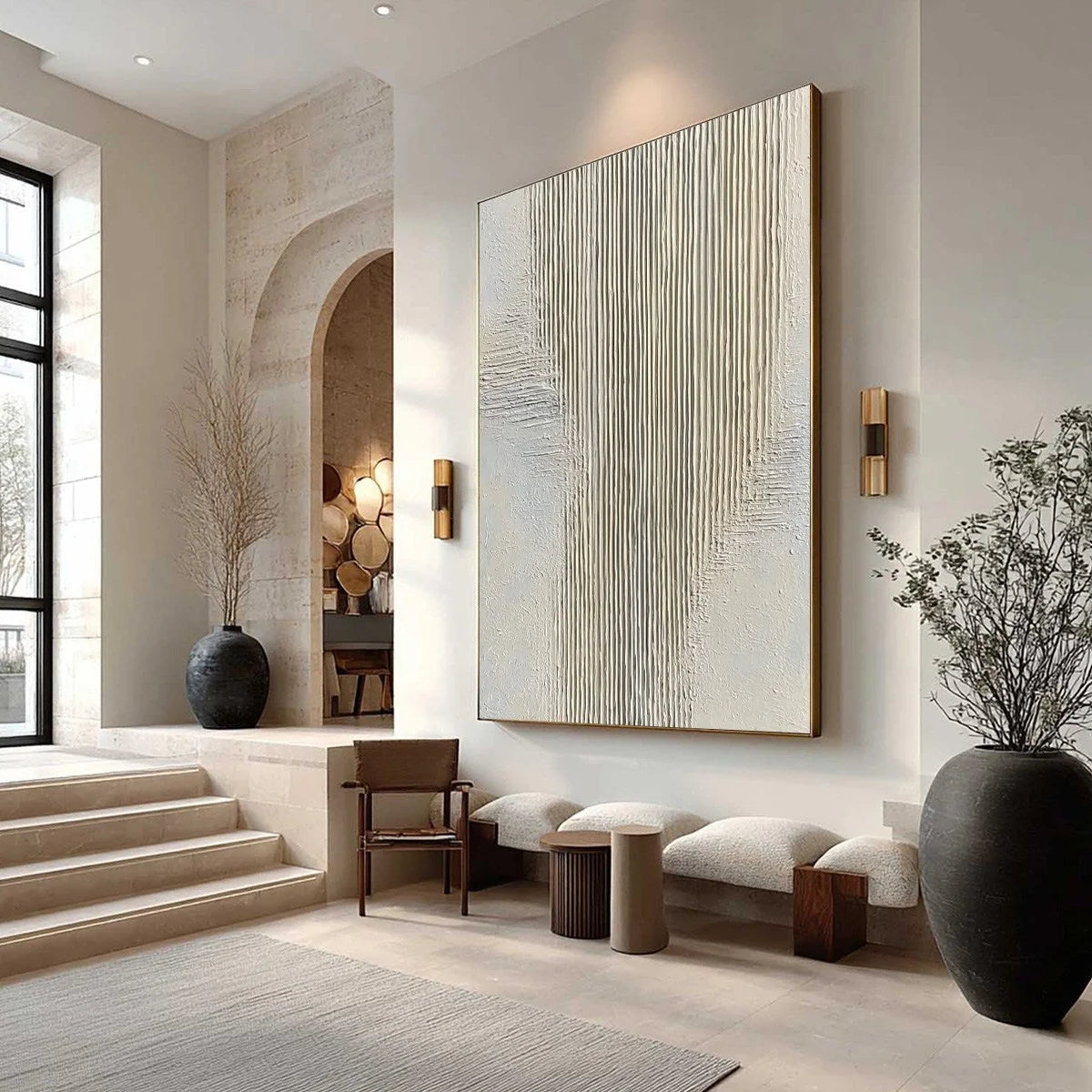 SERENE STRIA: Wabi Sabi Textured Vertical Abstract Painting | Abstract mood, soft natural light studio shot