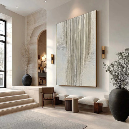 SERENE STRIA: Wabi Sabi Textured Vertical Abstract Painting | Abstract mood, soft natural light studio shot