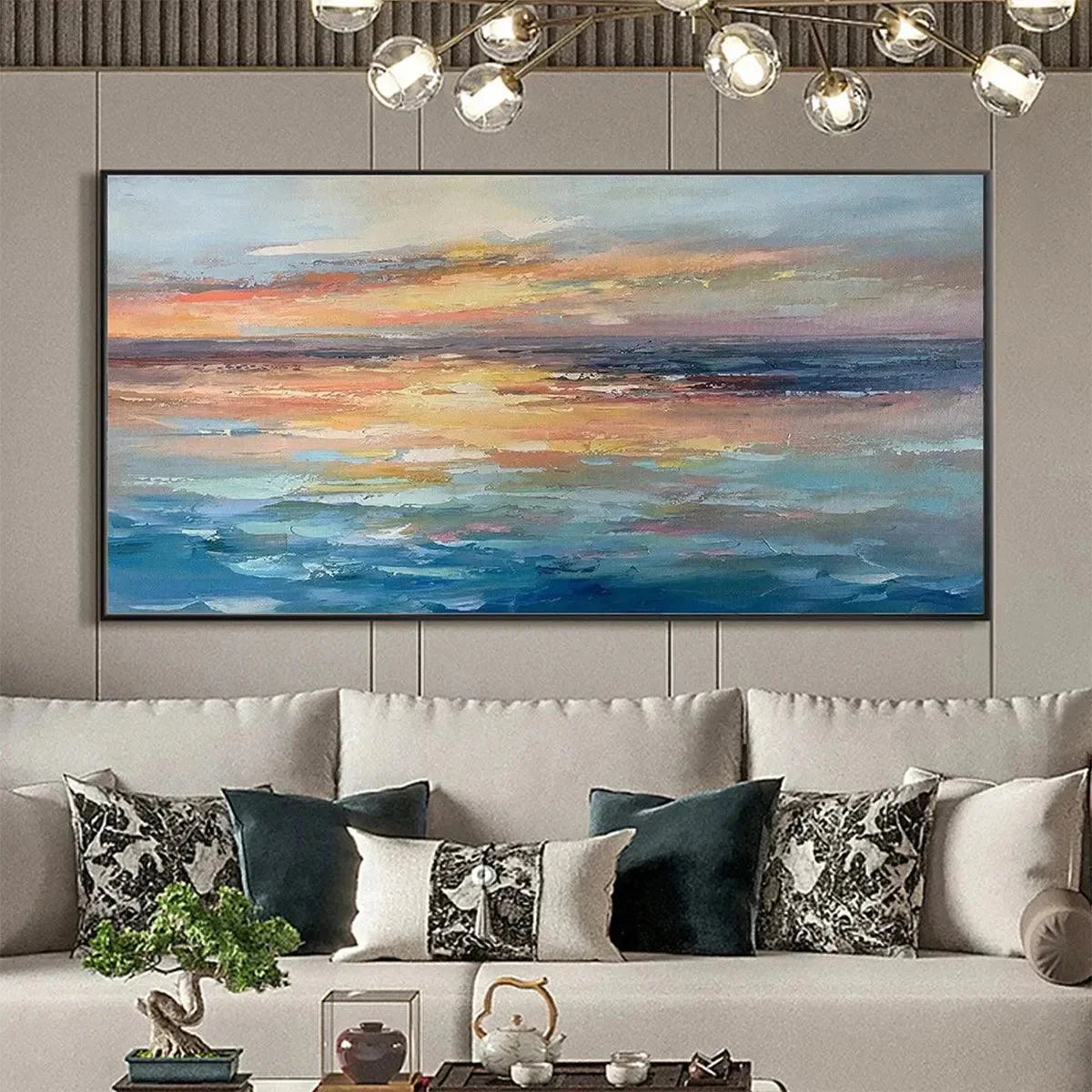 SERENE SUNSET: Panoramic Seascape Painting, Textured Wall Art, Horizontal Canvas, Beach Decor | Abstract closeup, raised brushwork detail