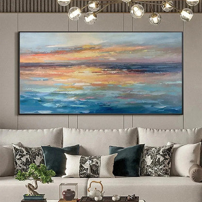 SERENE SUNSET: Panoramic Seascape Painting, Textured Wall Art, Horizontal Canvas, Beach Decor | Abstract closeup, raised brushwork detail
