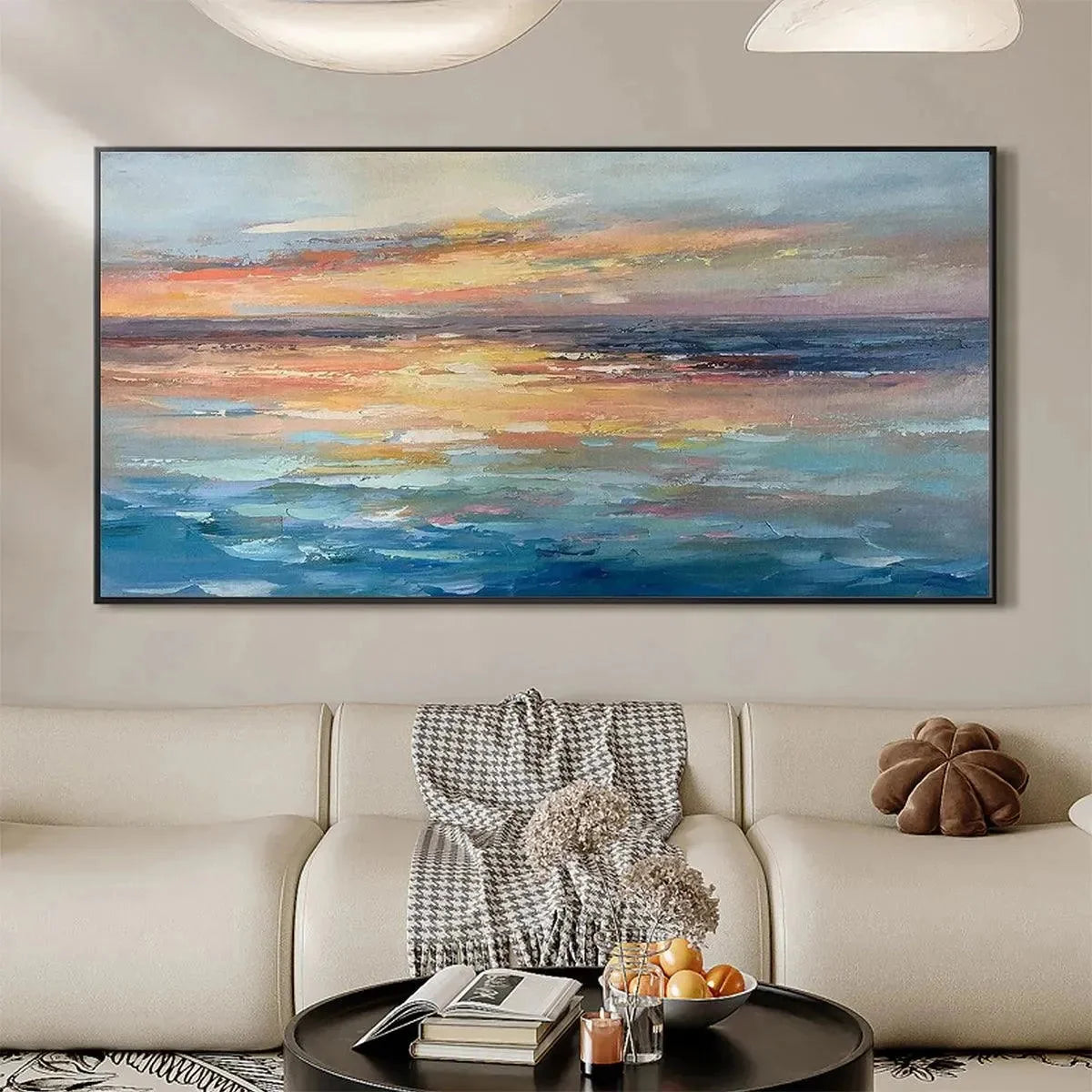 SERENE SUNSET: Panoramic Seascape Painting, Textured Wall Art, Horizontal Canvas, Beach Decor | gold frame stretched on neutral wall