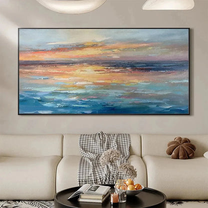 SERENE SUNSET: Panoramic Seascape Painting, Textured Wall Art, Horizontal Canvas, Beach Decor | gold frame stretched on neutral wall