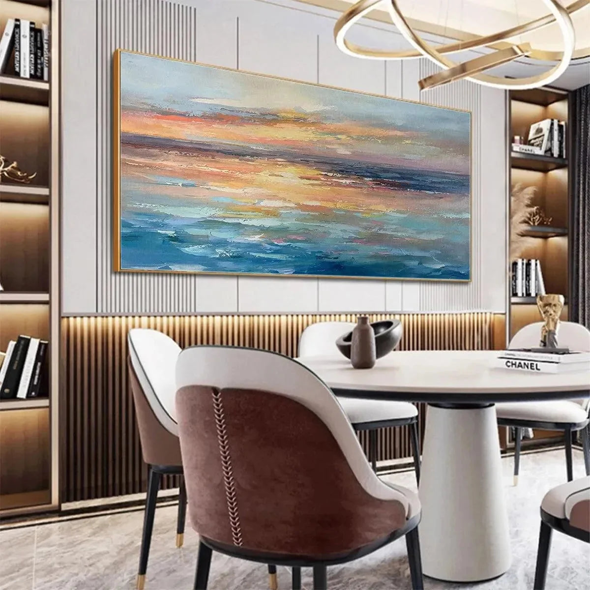 SERENE SUNSET: Panoramic Seascape Painting, Textured Wall Art, Horizontal Canvas, Beach Decor | rolled canvas, ready for custom framing