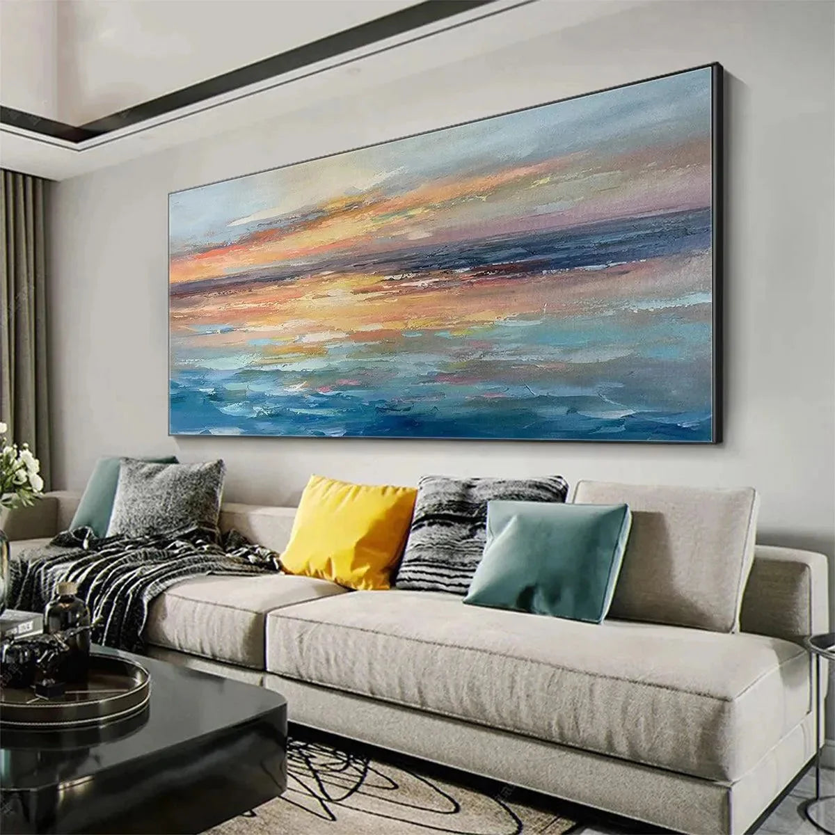 SERENE SUNSET: Panoramic Seascape Painting, Textured Wall Art, Horizontal Canvas, Beach Decor | Abstract mood, soft natural light studio shot