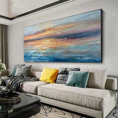 SERENE SUNSET: Panoramic Seascape Painting, Textured Wall Art, Horizontal Canvas, Beach Decor | Abstract mood, soft natural light studio shot